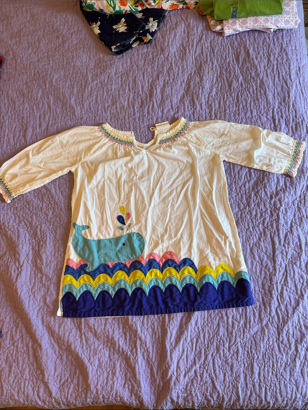 Mini Boden Cream Tunic with Blue Whale and Multicolor Waves